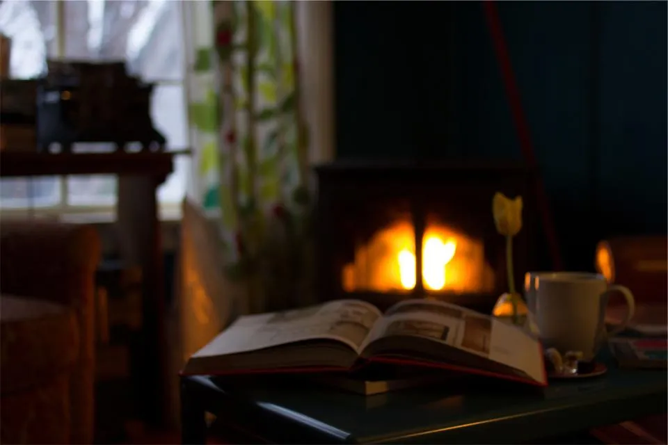 Chimenea encendida en un salón acogedor durante el invierno
